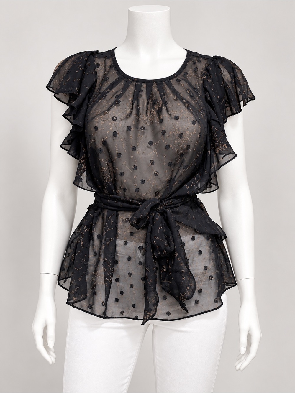 FOREVER 21 Women's Black Polka Dot Floral Sheer Ruffled Blouse Top Size S